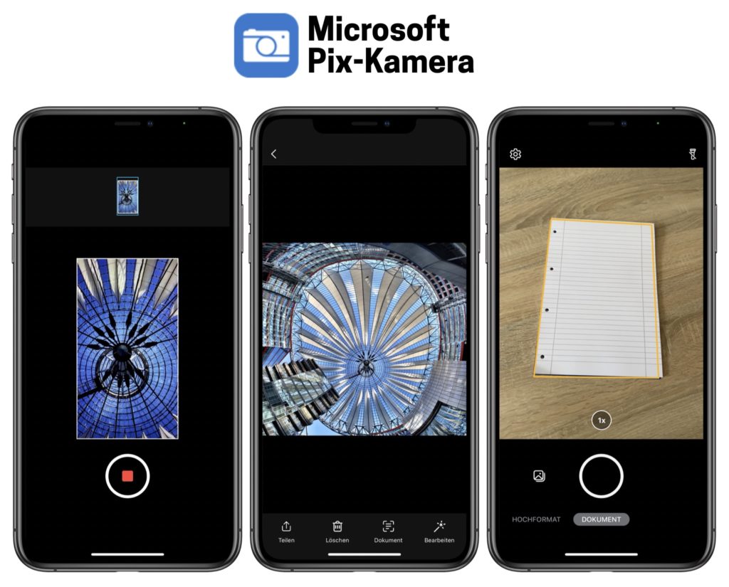 Zu seinen ist die Microsoft Pix App mit der PhotoSynth „Potsdamer Platz“ sowie der Dokumenten Scanner Funktion   