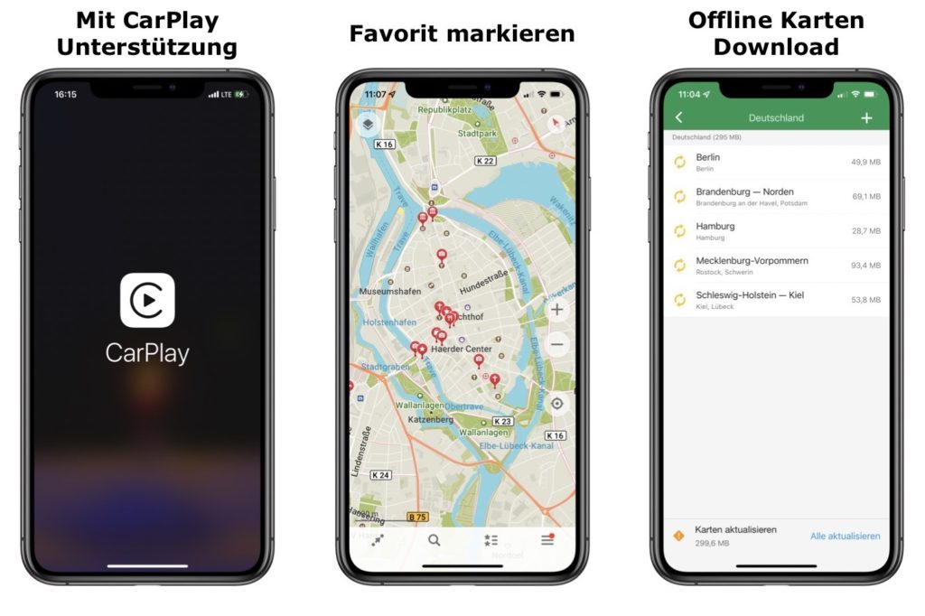 Organic Maps - Navigation auch über Apple CarPlay mit Navigationsanweisungen. 