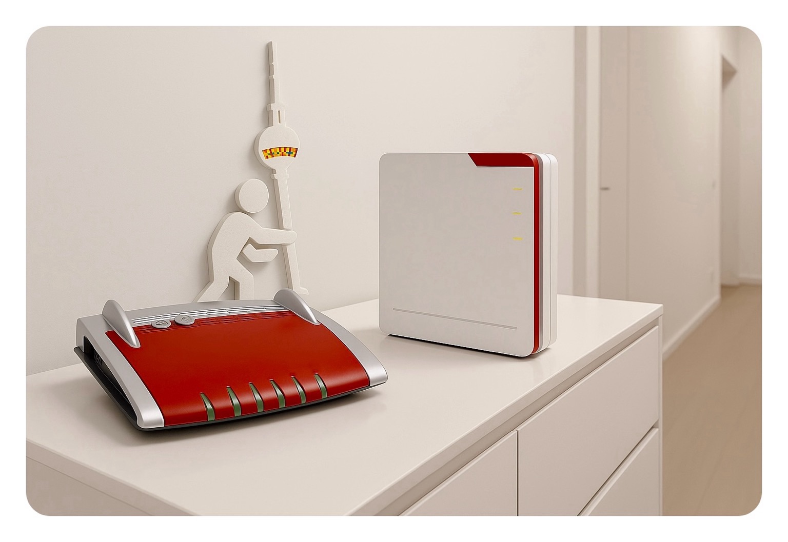 Titelbild: Zwei FRITZ!Box Router – links die ikonische 7490, rechts das moderne 5690 Pro Modell – stehen nebeneinander auf einem weißen Möbelstück. Beide Geräte zeigen das typische Farb-Design. Im Hintergrund ist an der Wand ein auffälliges anb030-Logo meines Blogs, das eine stilisierte Figur zeigt, die den Berliner Fernsehturm trägt.