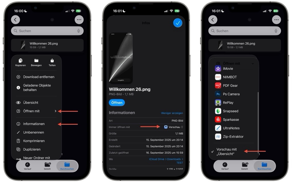 Screenshot: Standard-Apps zum öffnen in der Dateien-App festlegen