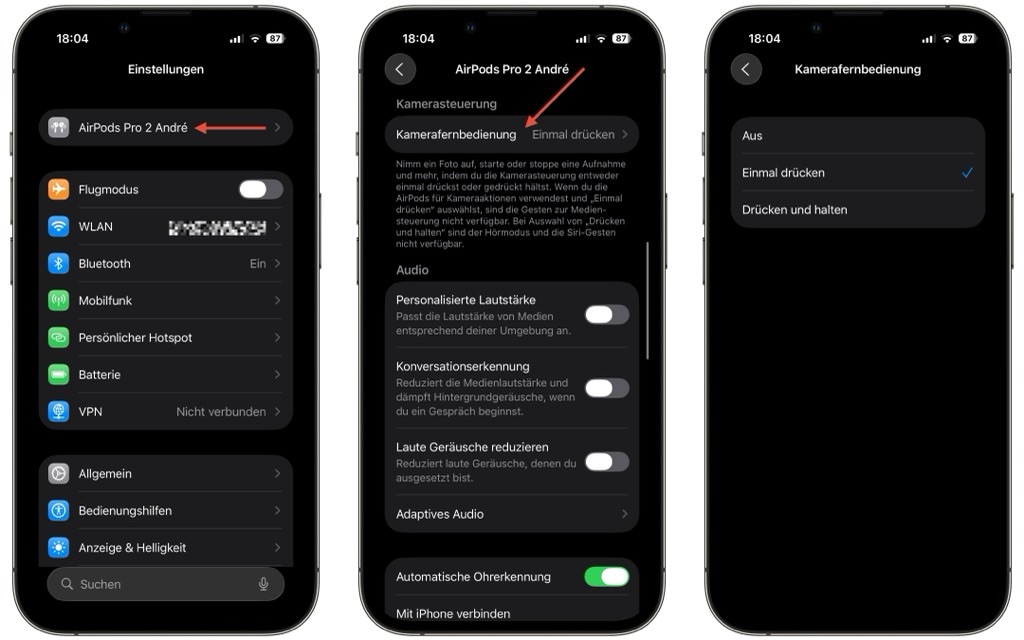 Screenshot: Die AirPods als Fernauslöser für diverse Kamera-Apps