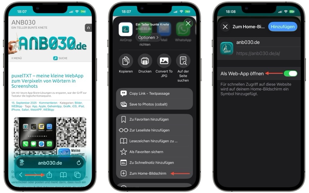 Screenshot: Webseiten werden zu Web-Apps mit einem Icon auf deinem Home-Bildschirm. 