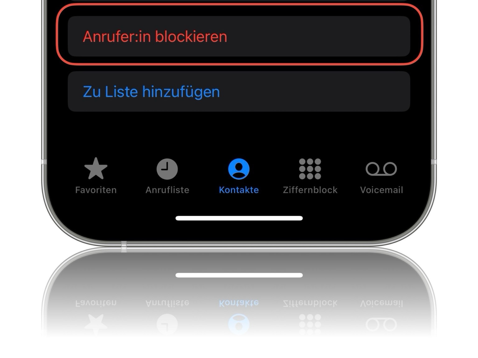 Screenshot: Die Anrufer:in blockieren Schaltfläche. 