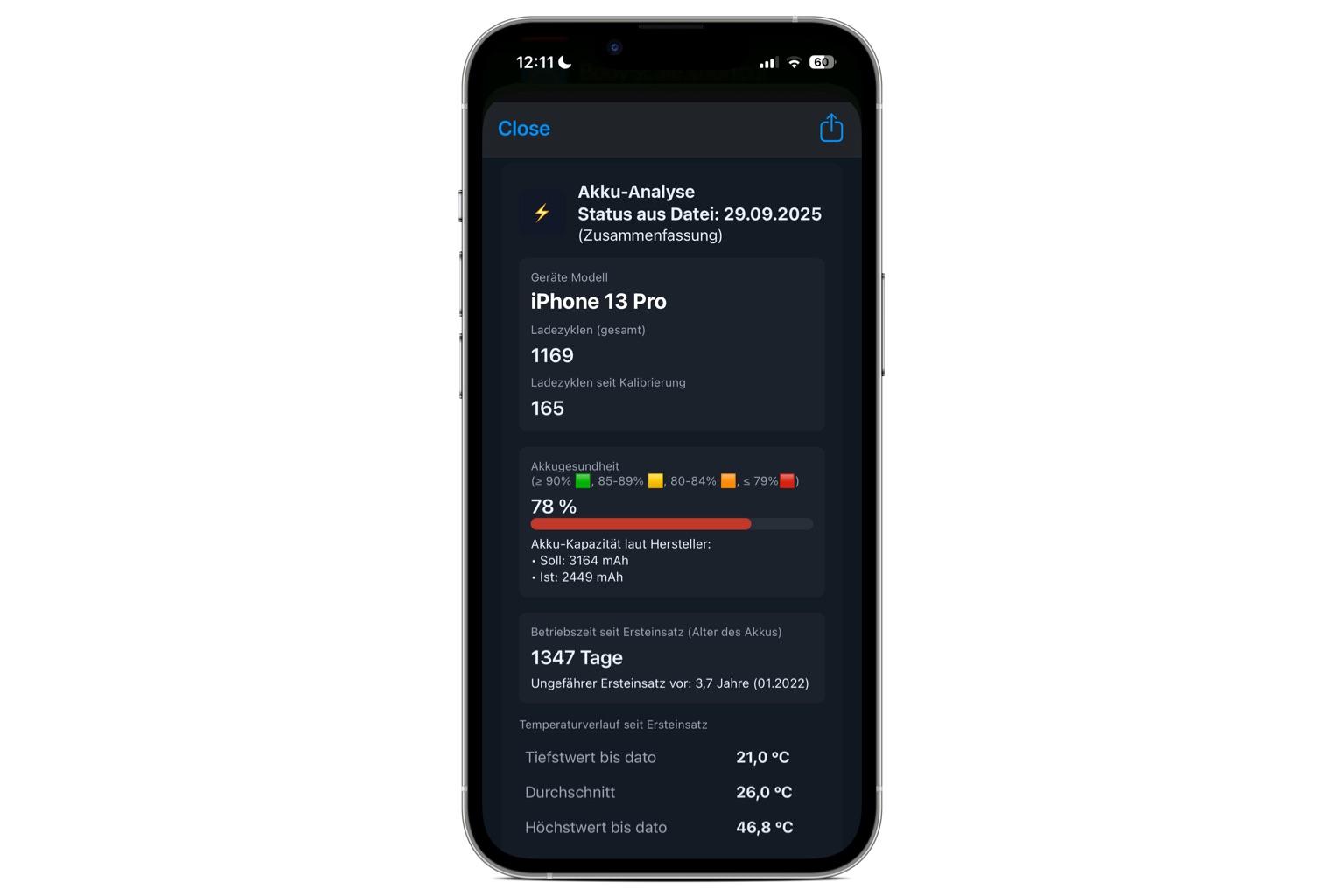 Screenshot: Zu sehen ist die Scriptable-WebView Ansicht meines Skripts für die Akkugesundheit namens „BatteryFitness++“. 