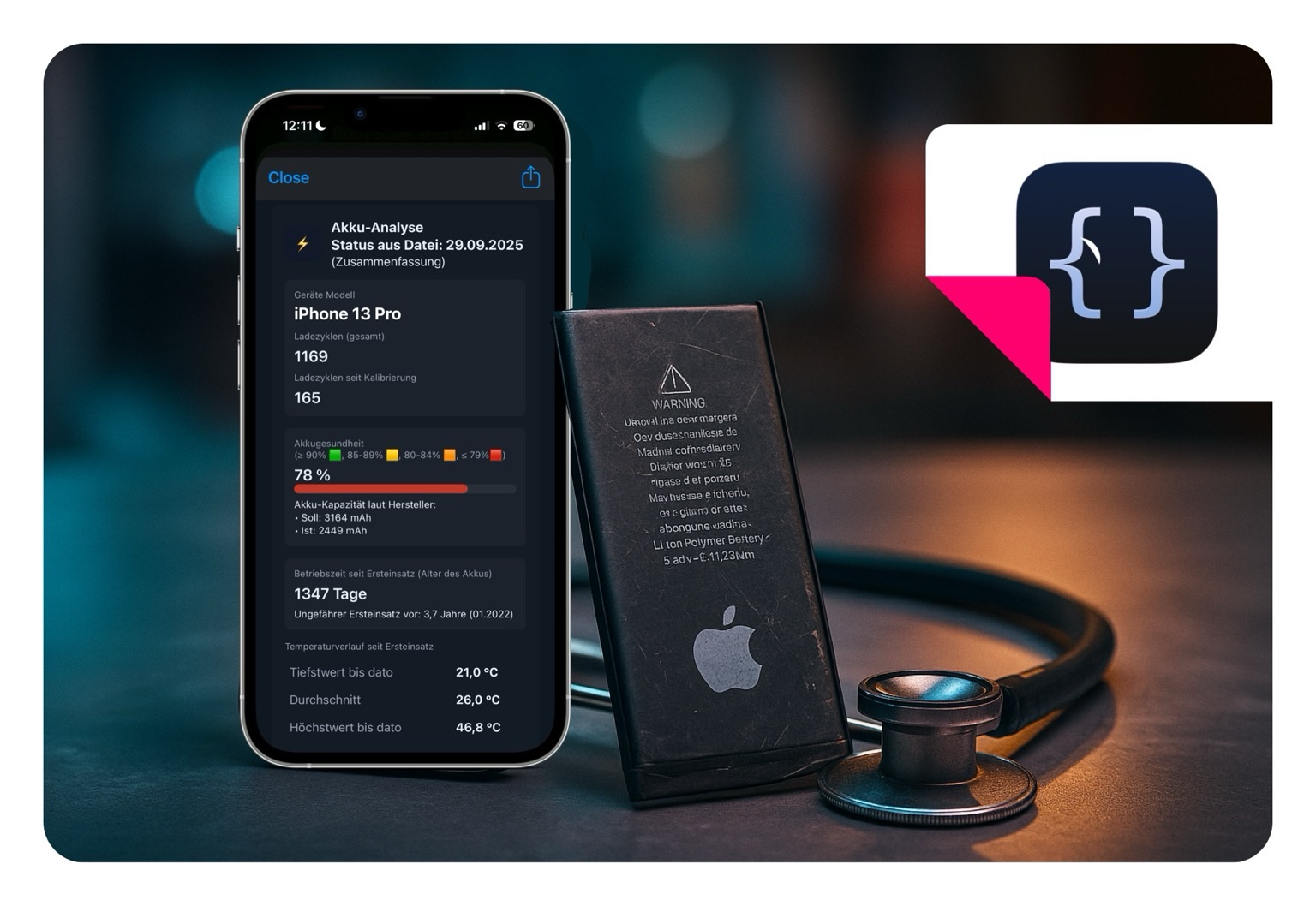 Titelbild: iPhone zeigt Akkuanalyse mit Gesundheitsdaten, daneben eine ausgebauter iPhone-Akku und ein Stethoskop.