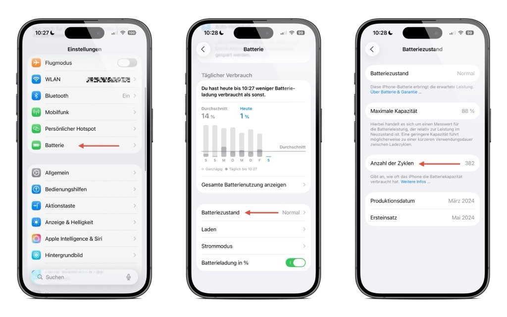 Screenshot: iPhone 15 (und neuer) Anzeige mit der „Akkugesundheit“ in Prozent sowie „Anzahl der Zyklen“ als Zehlen-Wert. 