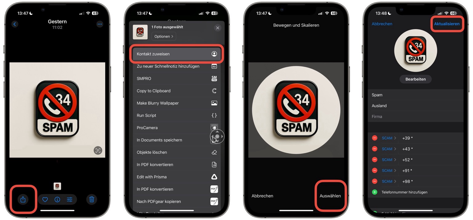 Screenshot: Kontaktbild über die Fotos-App zuweisen. 