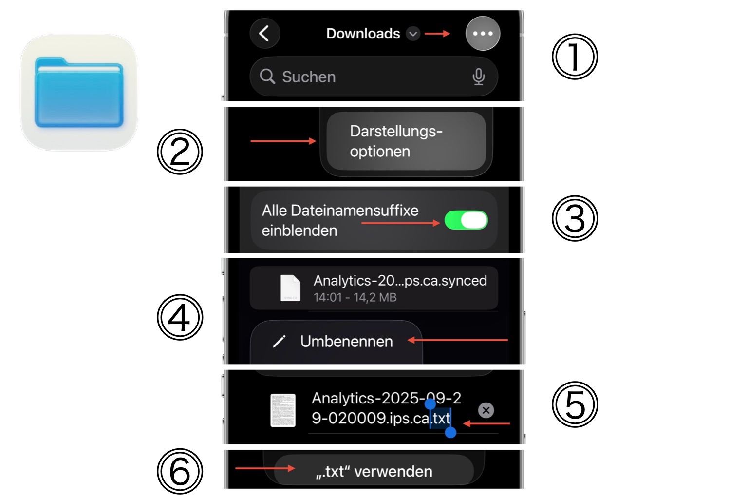 Screenshot: Die Dateiendung der „Analytics“-Datei Umbenennen. 