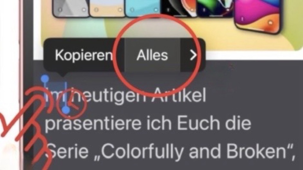 Screenshot: Die „Alles“-Markieren Option im Kontext-Menü von iOS 16