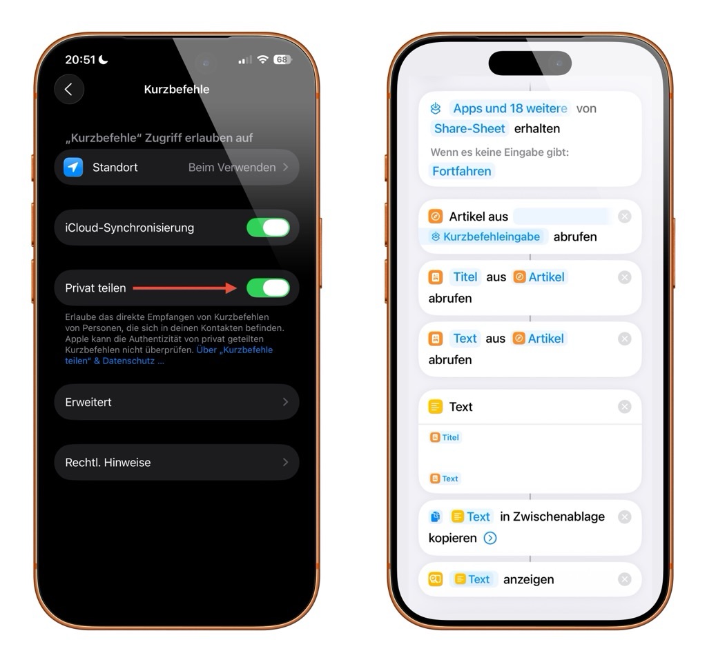 Screenshot: Die iOS Einstellungen-App und der Kurzbefehl Aufbau
