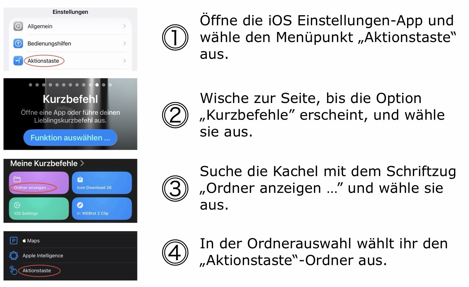 Screenshot: Kurzbefehle-Ordner zur Aktionstaste hinzufügen.