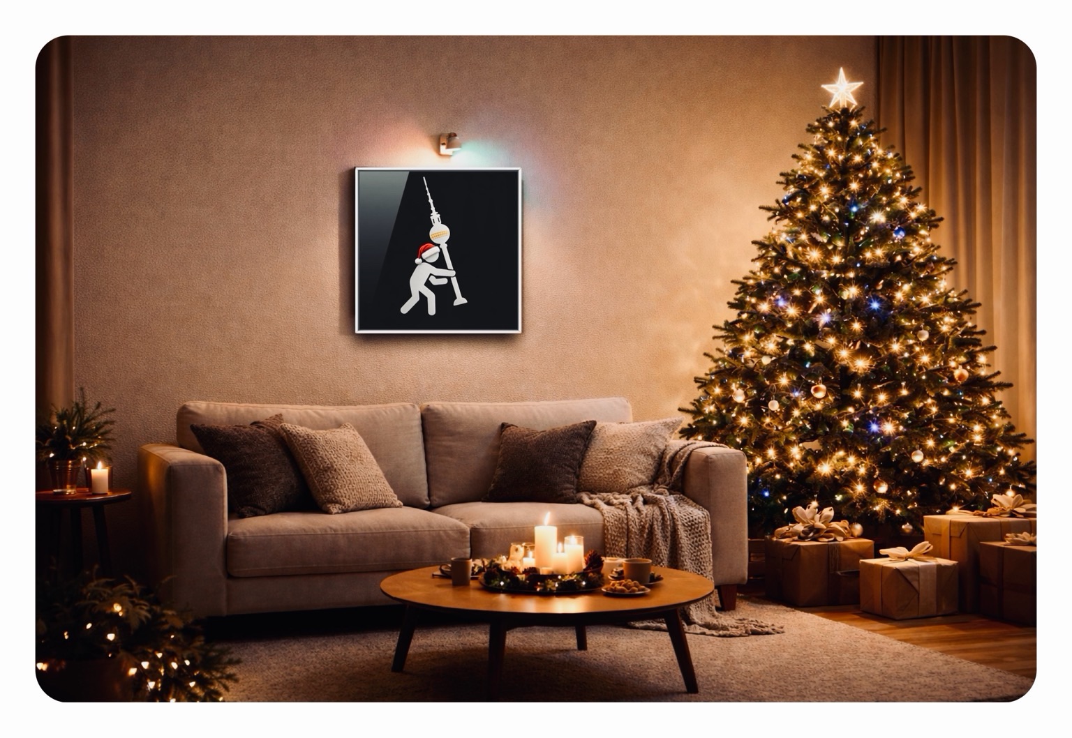 Titelbild: Ein gemütliches Wohnzimmer zu Weihnachten: Ein geschmückter Weihnachtsbaum mit Lichtern und Geschenken, ein Sofa mit Kissen und Decke, ein Tisch mit Kerzen und ein Wandbild mit dem anb030-Logo als Weihnachtsfigur.