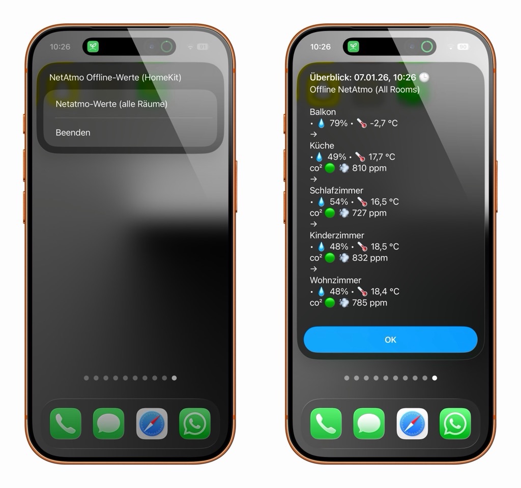 Screenshot: Die Bastellösung via Kurzbefehl-App auf dem Home-Bildschirm in Aktion.