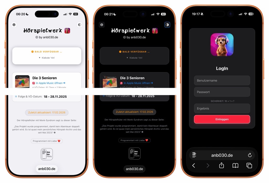 Screenshot: Das Hörspielwerk im Light- und DarkMode sowie das LogIn-Fenster zur Pflege der Stammdaten.