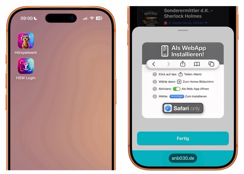 Screenshot: Das App-Icon und das Share-Sheet zur Erklärung, wie man eine WebApp per Safari-Browser installiert.