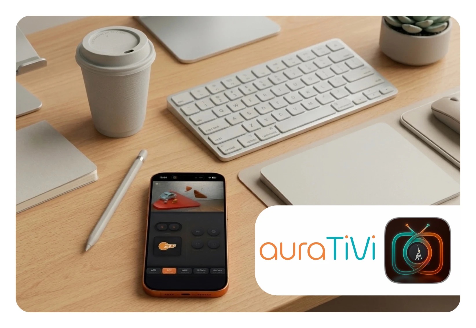 Titelbild: Ein modernes Schreibtisch-Setup aus hellem Holz mit einem grauen Café-To-Go-Becher, einer weißen Tastatur, einem Tablet, einem Stift und einem iPhone 17 Pro in Orange. Auf dem iPhone-Display ist die WebApp auraTiVi zu sehen, mit der man Live-TV streamen kann. Unten rechts befindet sich eine Einblendung mit dem App-Logo. 