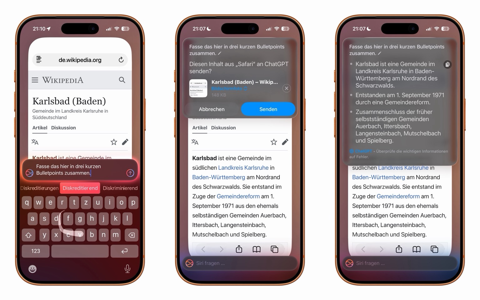 Beispiel zum Ort Karlsbad auf Wikipedia: Fasse das hier in drei kurzen Bulletpoints zusammen.