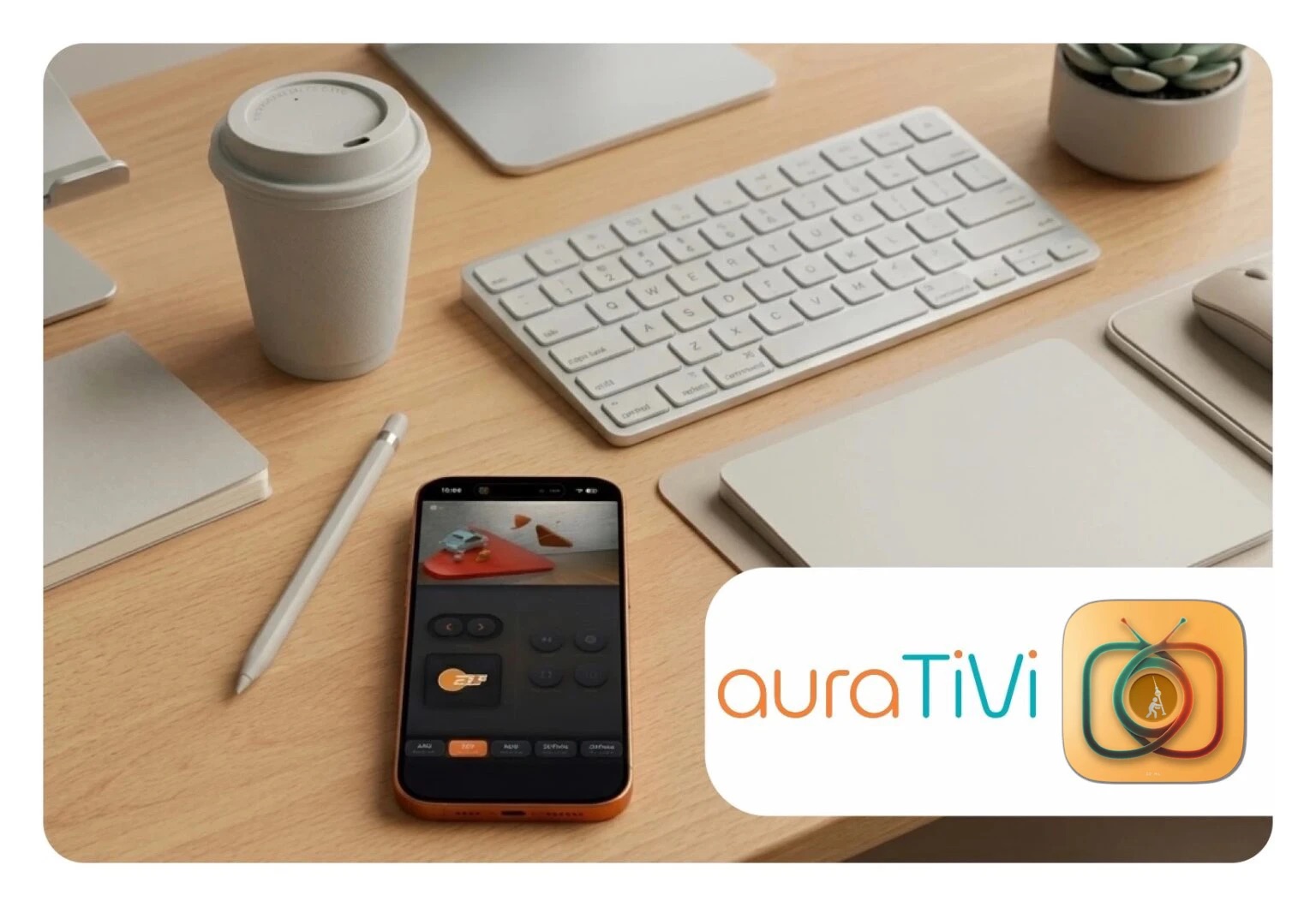 Titelbild: Ein modernes Schreibtisch-Setup aus hellem Holz mit einem grauen Café-To-Go-Becher, einer weißen Tastatur, einem Tablet, einem Stift und einem iPhone 17 Pro in Orange. Auf dem iPhone-Display ist die WebApp auraTiVi zu sehen, mit der man Live-TV streamen kann. Unten rechts befindet sich eine Einblendung mit dem App-Logo.