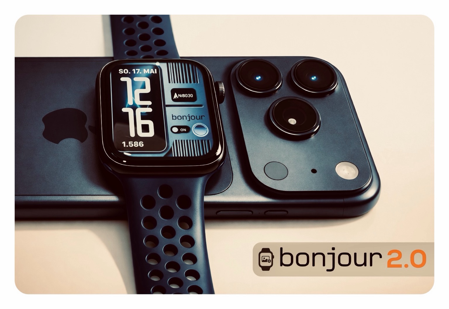 Titelbild: Eine tiefblaue Apfel-Smartwatch mit gemustertem und gleichfarbigen Sportarmband liegt auf der Rückseite eines farblich passenden iPhone 17 Pro und zeigt das neue Watch Face an. Im Vordergrund steht der Titel Schriftzug „bonjour 2.0“.