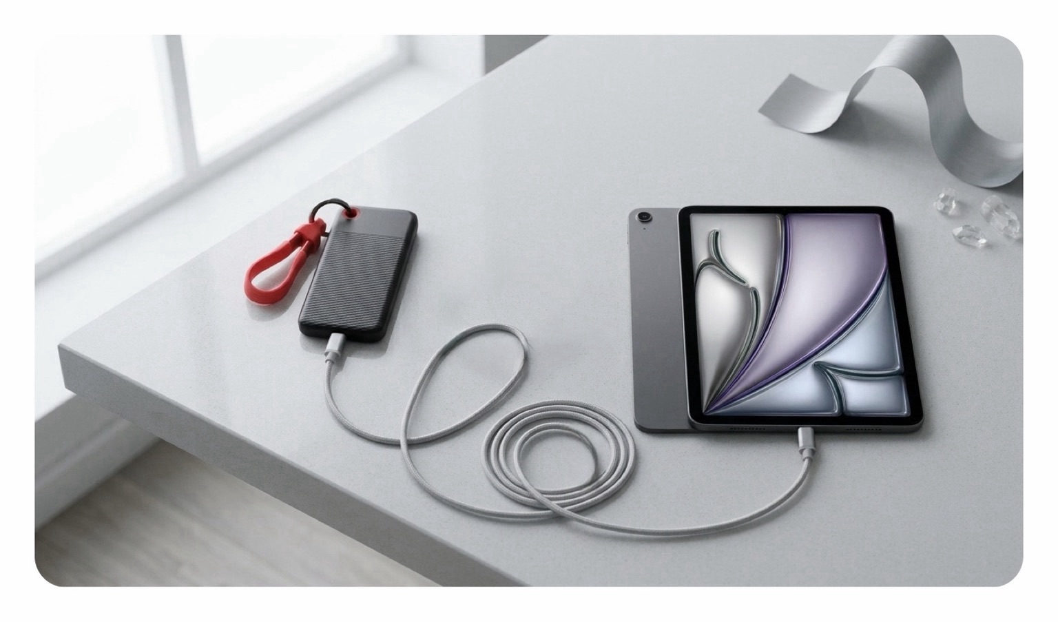 Titelbild: Die schleichende Speicherkrise. Zu sehen ist ein Tablet das Daten auf einer tragbare SSD speichert.
